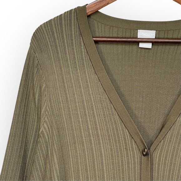 Chico's Flat Back Ribbed Cardigan Sweater Women Size XL Green V Neck Pockets - Picture 3 of 11